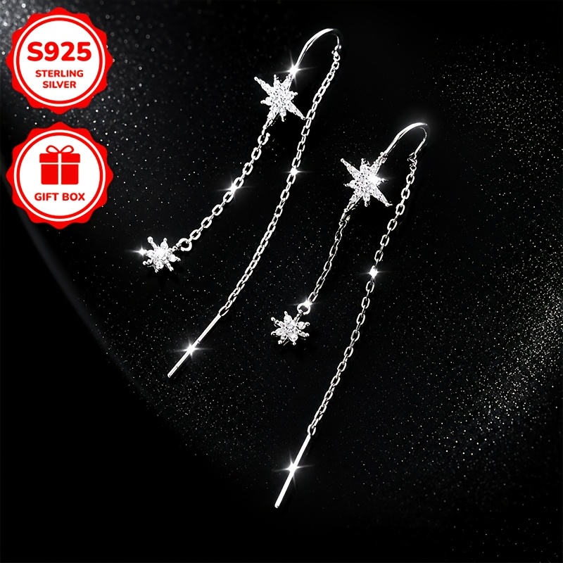 S925 Sterling Silver Hexagram Pendant Tassel Earrings